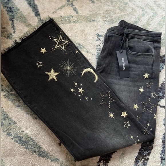 NWT DRIFTWOOD FREE PEOPLE CHARLEE CELESTIAL EMBROIDERY STUDS 32” JEANS 🌖 - Picture 2 of 10